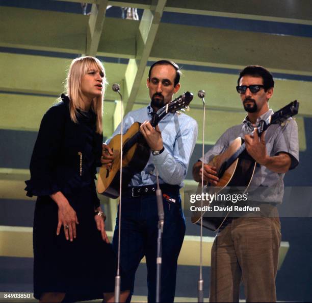 Photo of PETER, PAUL & MARY; Group performing on 'Tonight In Person' L-R Mary Travers, Noel "Paul" Stookey and Peter Yarrow