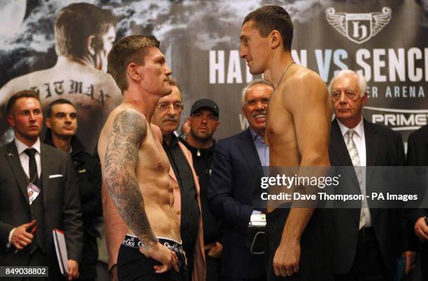 Ricky Hatton and Vyacheslav Senchenko during the weigh in at Manchester Town Hall, Manchester.