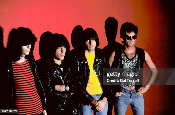 Photo of Marky RAMONE and RAMONES and Johnny RAMONE and Joey RAMONE; L-R. Joey Ramone, Marky Ramone, Johnny Ramone, Dee Dee Ramone