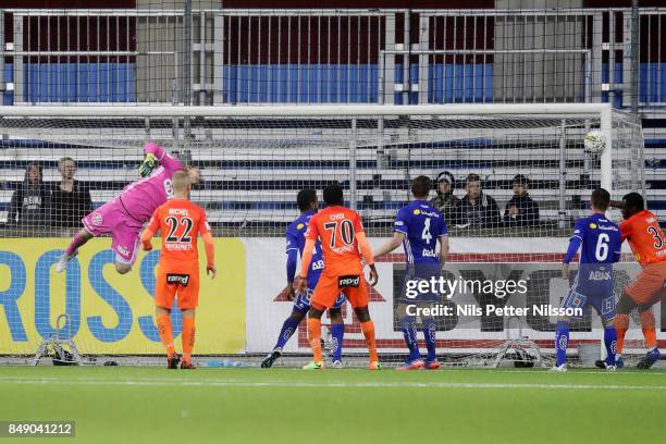 Of Athletic FC Eskilstuna has a ball in the post during the Allsvenskan match between Athletic FC Eskilstuna and GIF Sundsvall at Tunavallen on...