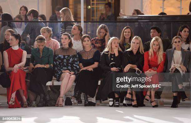 Erin O'Connor, Laura Bailey, Margaret Clunie, Jenna Coleman, Kate Foley, Alice Naylor-Leyland, Sabine Getty and Olivia Palermo sit front row at the...