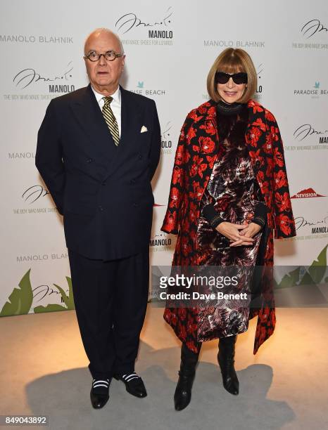 Manolo Blahnik and Dame Anna Wintour attend the screening of "Manolo - The Boy Who Made Shoes For Lizards" during London Fashion Week September 2017...