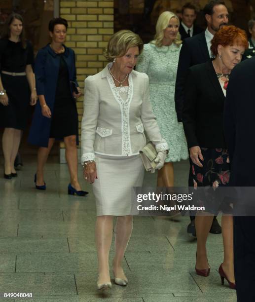Queen Sonja of Norway attends the unveiling of the Norwegian Parliaments gift on the occasion of their 80th birthday on September 18, 2017 in Oslo,...