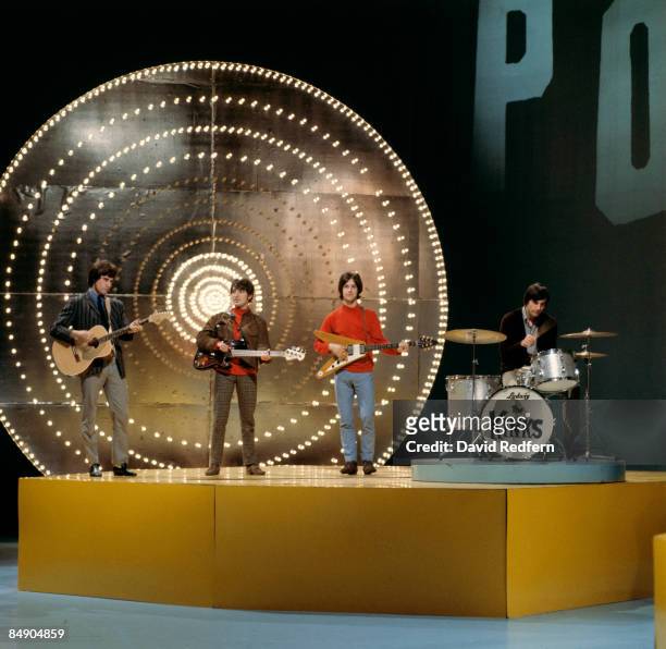 English rock group The Kinks, from left, Ray Davies, Pete Quaife, Dave Davies and Mick Avory, perform on the pop music television show Top Of The...