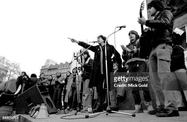 Musician Tom Robinson addressing the crowd in Trafalgar Square during Gay Pride, 12th February 1978.