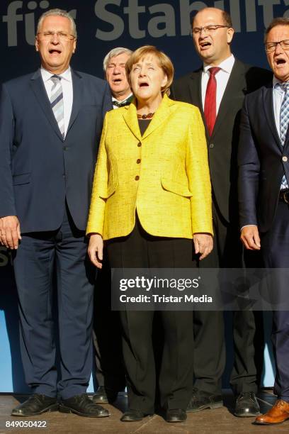 Joachim Herrmann, Albrecht Karl, German chancellor Angela Merkel, Albert Fueracker and Reiner Meier campain on September 18, 2017 in Regensburg,...