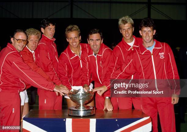 The Great Britain Davis Cup team with the trophy after defeating Israel 4-1 to win the European Zone B championship in Eastbourne on 6th October 1985.