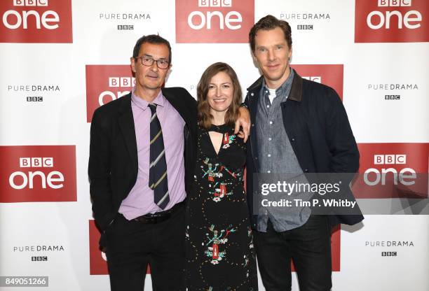 Director Julian Farino and actors Kelly Macdonald and Benedict Cumberbatch pose for a photo ahead of a preview screening of 'The Child In Time' at...