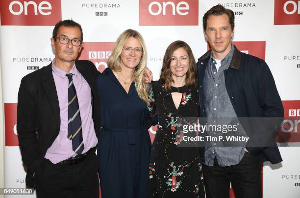 Director Julian Farino, Presenter Edith Bowman and actors Kelly Macdonald and Benedict Cumberbatch pose for a photo ahead of a preview screening of...