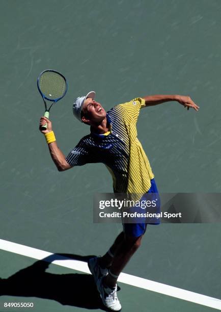 An aerial view of Dominik Hrbaty of Slovakia in action during a men's singles match at the Australian Open Tennis Championships in Melbourne, circa...