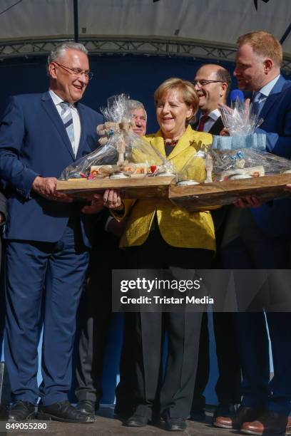 Joachim Herrmann, Albrecht Karl, German chancellor Angela Merkel, Albert Fueracker and Peter Aumer campain on September 18, 2017 in Regensburg,...