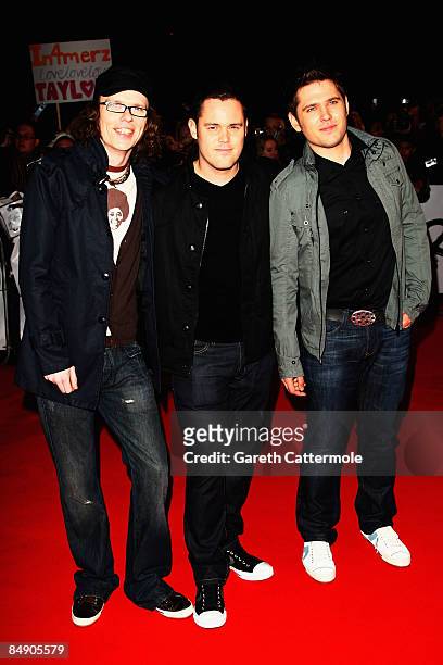 Greg Churchouse, Roy Stride and Peter Ellard of Scouting For Girls arrive at the Brit Awards 2009 at Earls Court on February 18, 2009 in London,...