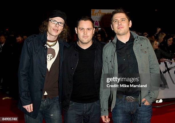 Greg Churchouse, Peter Ellard and Roy Stride of Scouting For Girls arrives at the BRIT Awards 2009 at Earls Court on February 18th 2009 in London,...