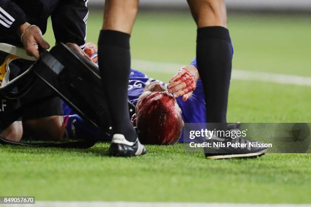 Marcus Danielsson of GIF Sundsvall injured during the Allsvenskan match between Athletic FC Eskilstuna and GIF Sundsvall at Tunavallen on September...