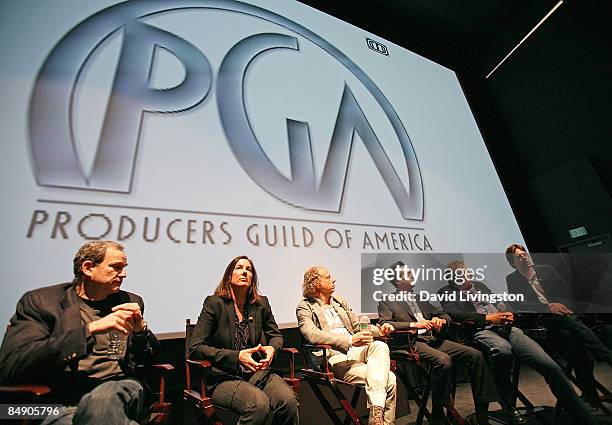Producers Marshall Herskovitz, Kathleen Kennedy, Bruce Cohen, Brian Grazer, Charles Roven and Christian Colson attend a panel discussion at the...