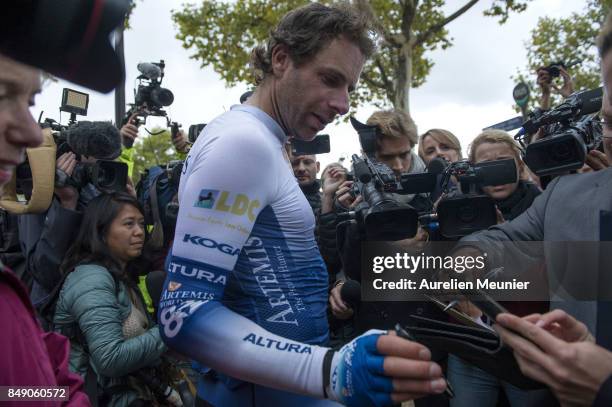 Mark Beaumont speaks to the press after he arrived in Paris after completing 79 days round the world on September 18, 2017 in Paris, France. Mark...