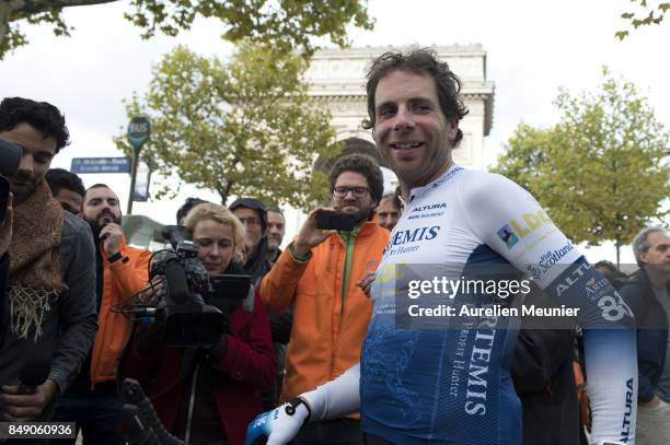 Mark Beaumont answers the press after he arrived in Paris after completing 79 days round the world on September 18, 2017 in Paris, France. Mark...