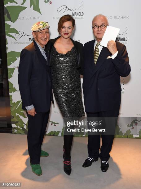 Stephen Jones, Jasmine Guinness and Manolo Blahnik attend the screening of "Manolo - The Boy Who Made Shoes For Lizards" during London Fashion Week...
