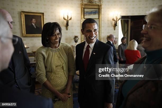 In the last moments of their administration President George W. Bush, first lady Laura Bush, Vice President Dick Cheney and his wife Lynn welcome...