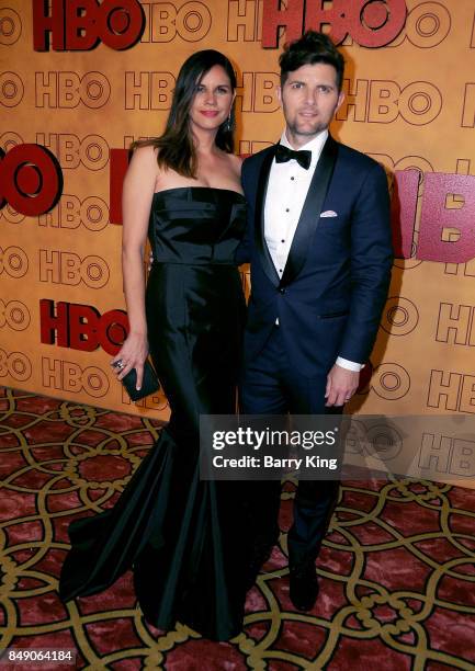 Naomi Scott and actor Adam Scott attend HBO's Post Emmy Awards Reception at The Plaza at the Pacific Design Center on September 17, 2017 in Los...