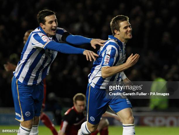 Brighton's Dean Hammond celebrates his goal with Lewis Dunk during the npower Championship match at the AMEX Stadium, Brighton.