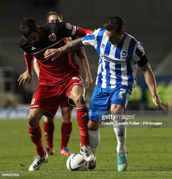 Bristol City's Liam Fontaine challenges Brighton's Will Hoskins during the npower Championship match at the AMEX Stadium, Brighton.