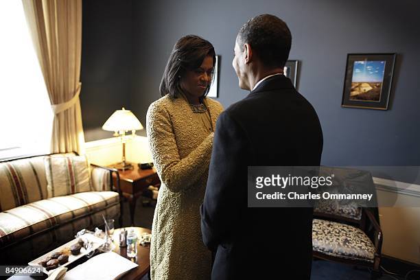 In a holding room at the Capital Barack H. Obama spends a last couple of moments with his wife Michelle before he is sworn in by Chief Justice John...
