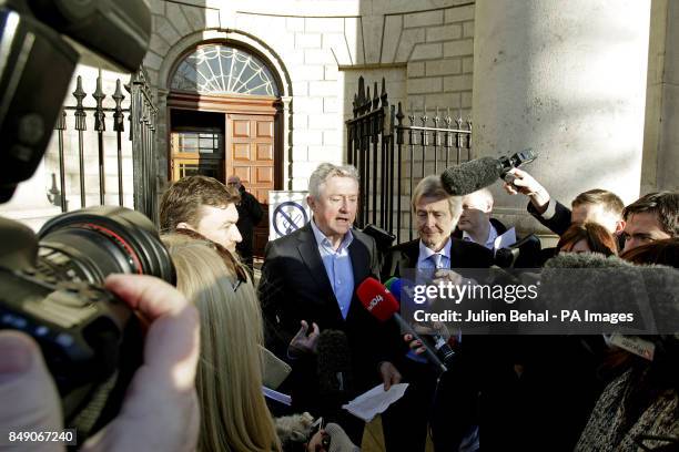 Factor judge Louis Walsh speaks to the media with solicitors Paul Tweed and Counsel Gavin Bonner outside court after his defamation case against...