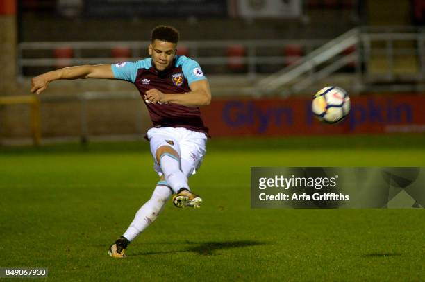 Marcus Browne of West Ham United takes a free kick during the Premier League 2 match between West Ham United and Liverpool at Chigwell Construction...