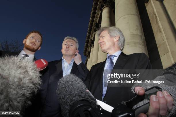 Factor judge Louis Walsh speaks to the media with solicitors Paul Tweed and Carl Rooney outside court after his defamation case against Rupert...