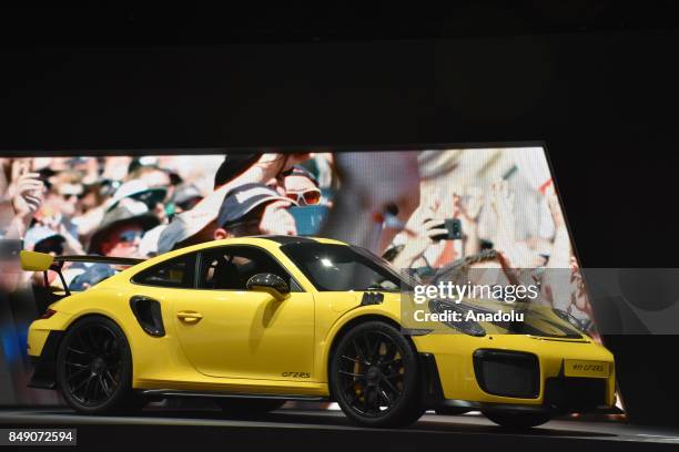 Porsche 911 GT2RS is displayed at the 67th International Frankfurt Motor Show in Frankfurt, Germany on September 18, 2017. Approximately one thousand...