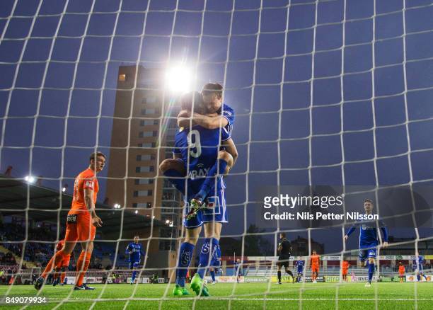 Linus Hallenius of GIF Sundsvall celebrates after scoring to 0-1 during the Allsvenskan match between Athletic FC Eskilstuna and GIF Sundsvall at...