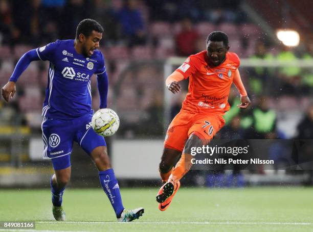 Noah Sonko Sundberg of GIF Sundsvall and Chidi Dauda Omeje of Athletic FC Eskilstuna competes for the ballduring the Allsvenskan match between...