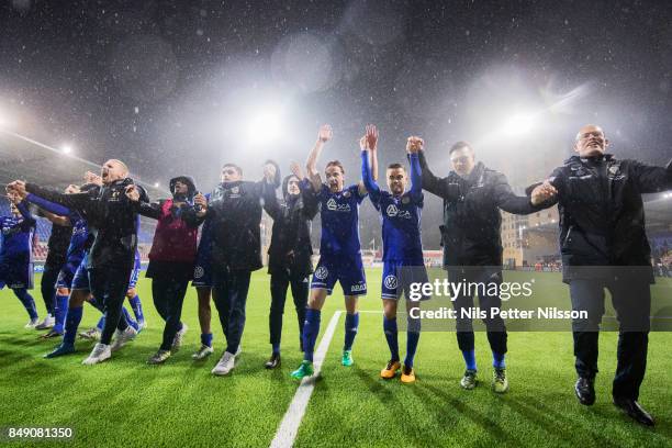 Players of GIF Sundsvall celebrates after the victory during the Allsvenskan match between Athletic FC Eskilstuna and GIF Sundsvall at Tunavallen on...