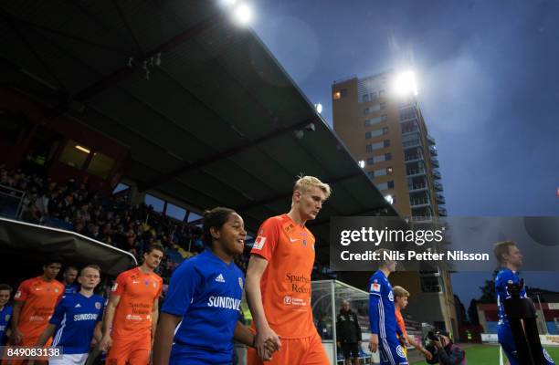 Players of GIF Sundsvall enters the pitch ahead of the Allsvenskan match between Athletic FC Eskilstuna and GIF Sundsvall at Tunavallen on September...