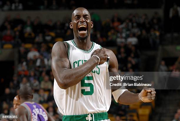 Kevin Garnett of the Boston Celtics celebrates during the game against the Phoenix Suns on January 19, 2009 at TD Banknorth Garden in Boston,...