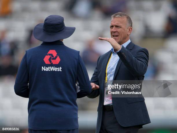 Former England batsman Alec Stewart chatting to England Coach Trevor Bayliss during Day One of the 3rd Investec Test Match between England and West...