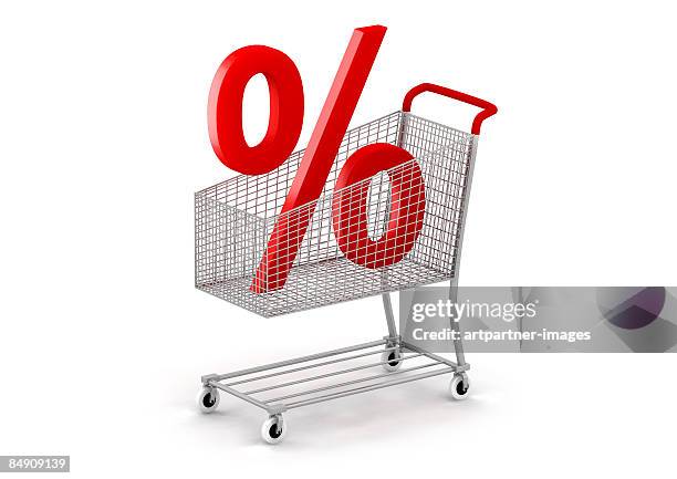 shopping cart with percantage sign - studio setting stock illustrations