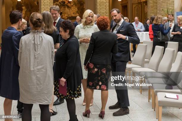 Princess Mette Marit of Norway, Prince Haakon of Norway in conversation with Marit Nybakk of Norway during the unveiling of the Norwegian Parliaments...