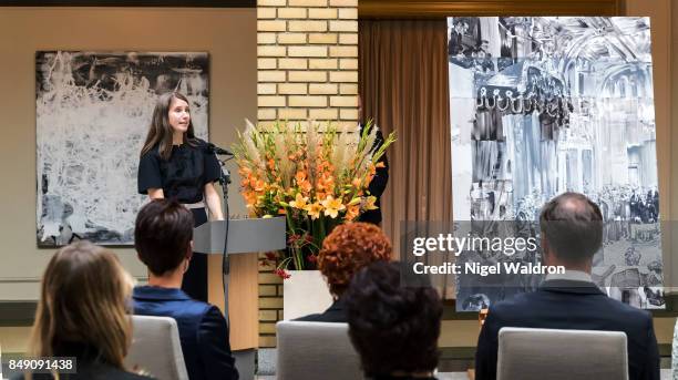 Artist Kira Wager of Norway speaks during the unveiling of the Norwegian Parliaments gift on the occasion of the King and QueenÕs 80th birthday. The...