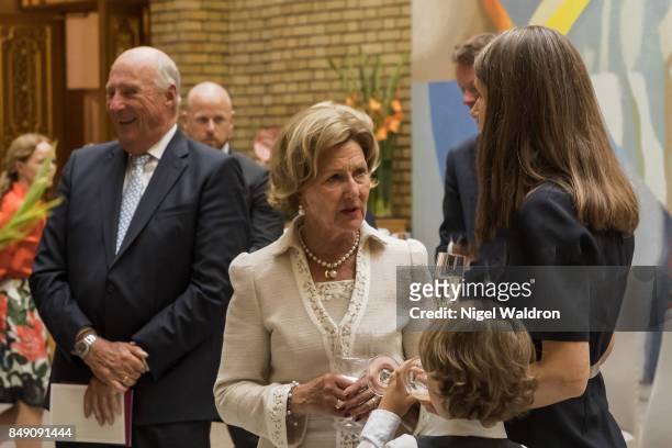 Queen Sonja of Norway in conversation with artist Kira Wager of Norway during unveiling of the Norwegian Parliaments gift on the occasion of their...