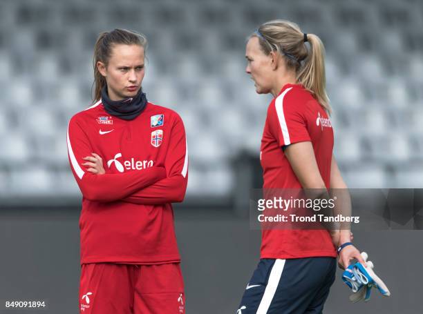 Caroline Graham Hansen, Ingrid Hjelmseth of Norway during training session before FIFA 2018 World Cup Qualifier between Norway v Slovakia at...