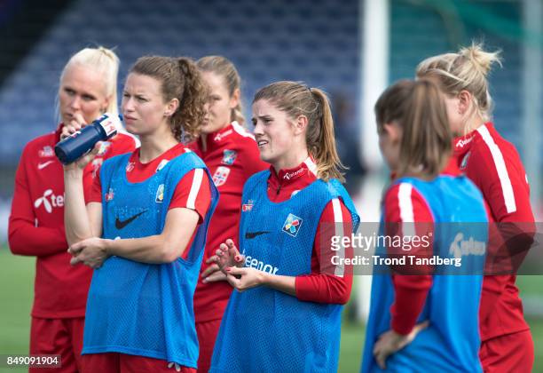 Maria Thorisdottir, Synne Skinnes Hansen, Maren Mjelde of Norway during training session before FIFA 2018 World Cup Qualifier between Norway v...