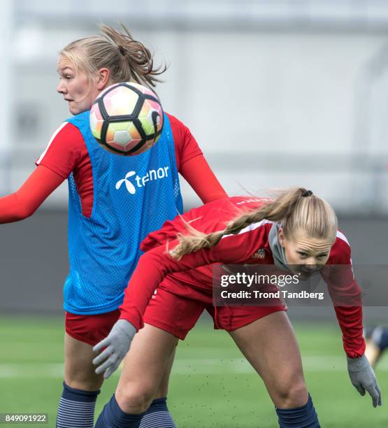 Frida Manum, Lisa Marie Utland of Norway during training session before FIFA 2018 World Cup Qualifier between Norway v Slovakia at Sarpsborg Stadion...