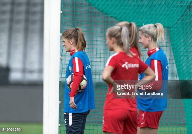 Maren Mjelde, Anja Soenstervold, Elise Thorsnes of Norway during training session before FIFA 2018 World Cup Qualifier between Norway v Slovakia at...
