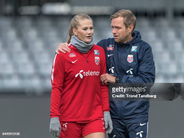 Lisa Marie Utland, Head Coach Martin Sjoegren of Norway during training session before FIFA 2018 World Cup Qualifier between Norway v Slovakia at...