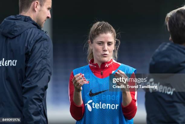 Maren Mjelde of Norway during training session before FIFA 2018 World Cup Qualifier between Norway v Slovakia at Sarpsborg Stadion on September 18,...