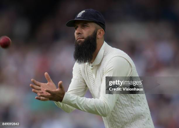 Moeen Ali of England during Day One of the 3rd Investec Test Match between England and West Indies at Lord's Cricket Ground on September 7, 2017 in...