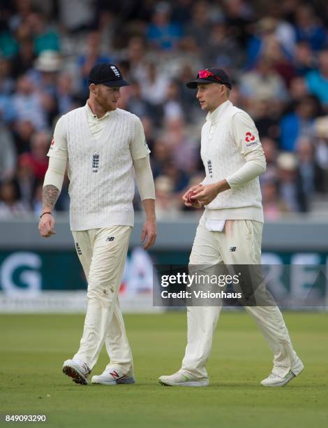 Ben Stokes and Joe Root of England during Day One of the 3rd Investec Test Match between England and West Indies at Lord's Cricket Ground on...