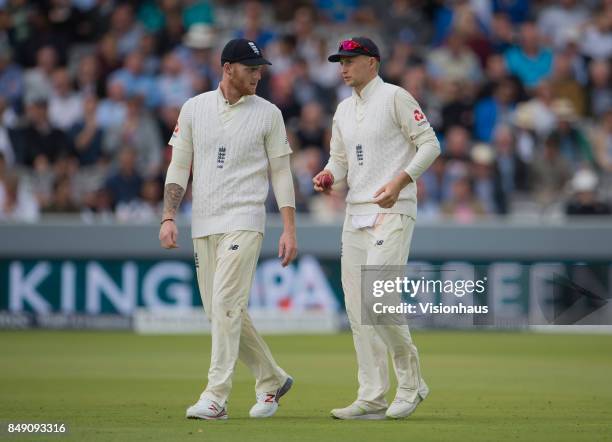 Ben Stokes and Joe Root of England during Day One of the 3rd Investec Test Match between England and West Indies at Lord's Cricket Ground on...